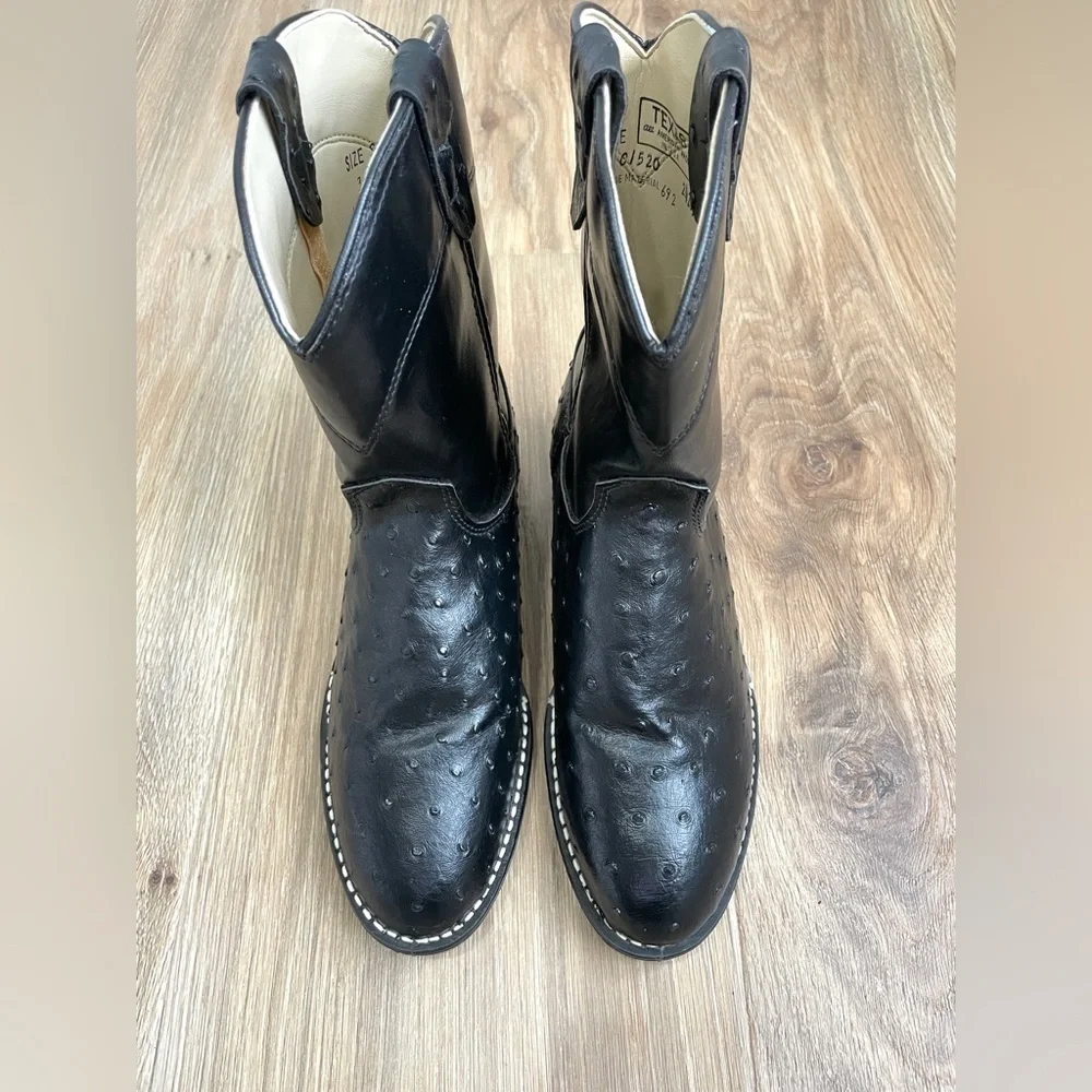 “Texas All American Made” Kids Black Ostrich Print Cowboy Boots Size 3D LNC